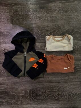 Nike Kids Black & Olive Zip Hoodie with Orange Logo + 2 Brown/Tan Bodysuits